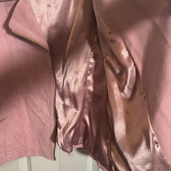 IMAN lined pink suede uneven zippered jacket, waist cinch tie, fabric sleeves, M - Picture 8 of 8